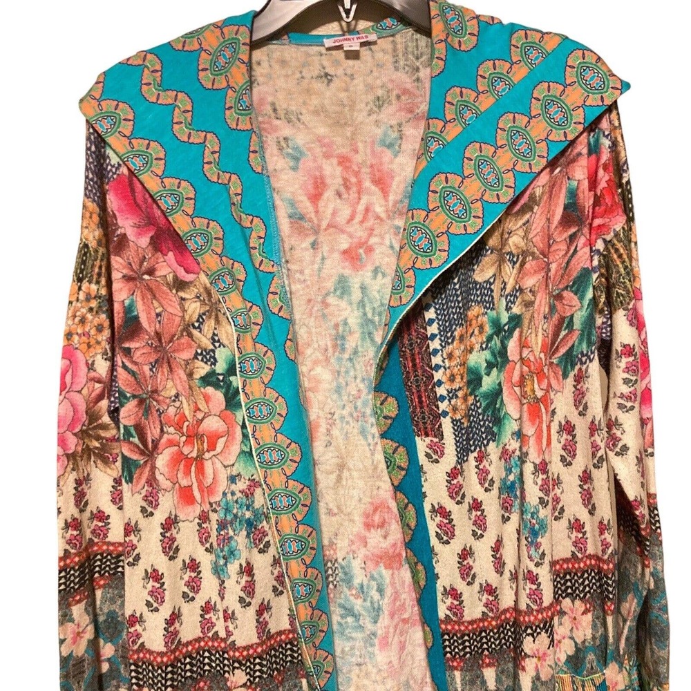 Johnny Was Multicolor Floral Patchwork Hooded Cardigan - Turquoise, Pink, Yellow - Picture 6 of 14